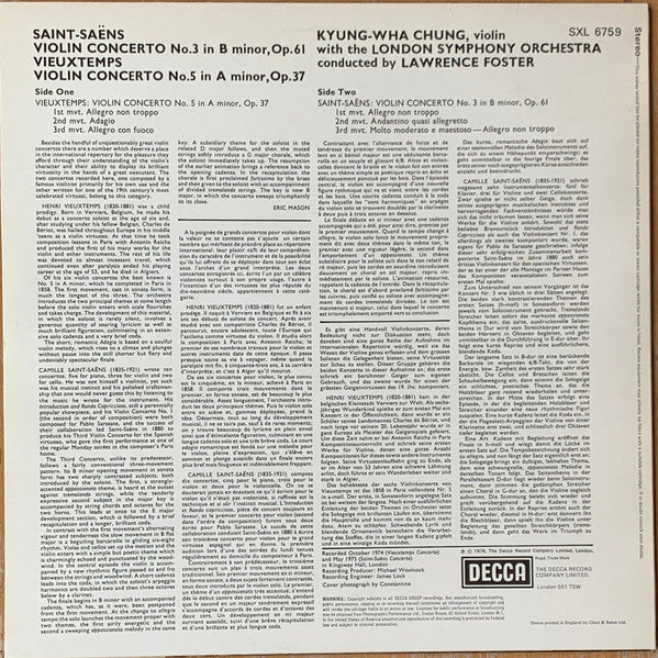 Kyung-Wha Chung, Saint-Saëns*, Vieuxtemps*, London Symphony Orchestra, Lawrence Foster : Saint-Saëns Violin Concerto No.3, Vieuxtemps Violin Concerto No.5 (LP, Album)