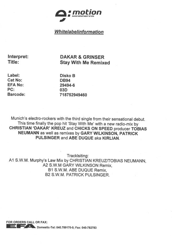Dakar & Grinser : Stay With Me (Remixes) (12", Promo, W/Lbl, Ora)