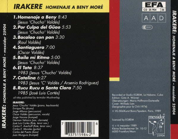 Irakere : Homenaje A Beny Moré (CD, Album, Bro)