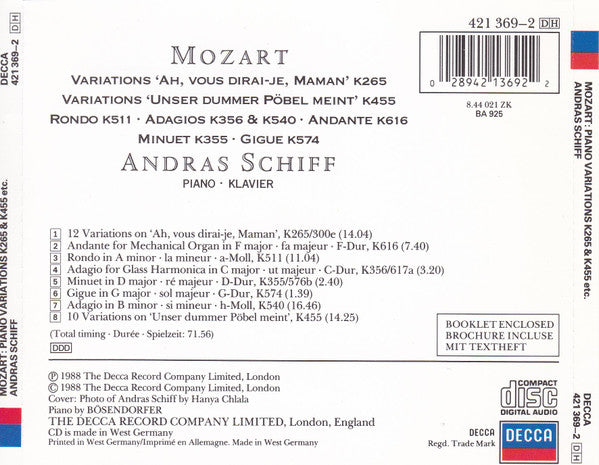 Wolfgang Amadeus Mozart - András Schiff : Variations "Ah, Vous Dirai-je, Maman" K265, Variations "Unser Dummer Pöbel Meint" K455, Rondo K511, Adagios K356 & K540, Andante K616 (CD, Album, RE)