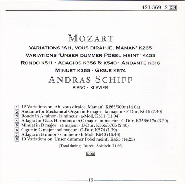 Wolfgang Amadeus Mozart - András Schiff : Variations "Ah, Vous Dirai-je, Maman" K265, Variations "Unser Dummer Pöbel Meint" K455, Rondo K511, Adagios K356 & K540, Andante K616 (CD, Album, RE)