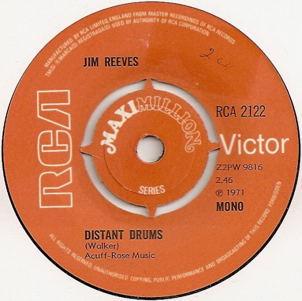 Jim Reeves : Distant Drums / Welcome To My World / There's A Heartache Following Me (7")