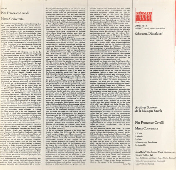 Pier Francesco Cavalli* : Messa Concertata (LP)