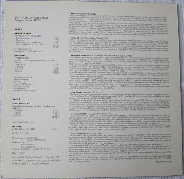 BRT Filharmonisch Orkest* Onder Leiding Van Fernand Terby Spielt Werk Van Arthur De Greef / Jan Segers / Louis Marischal / Jef Maes : Vier Oud Vlaamse Liederen / Five Drawings / Concerto On Themes Of Gershwin For Violon And Orchestra / Arabeske En Scherzo (LP)