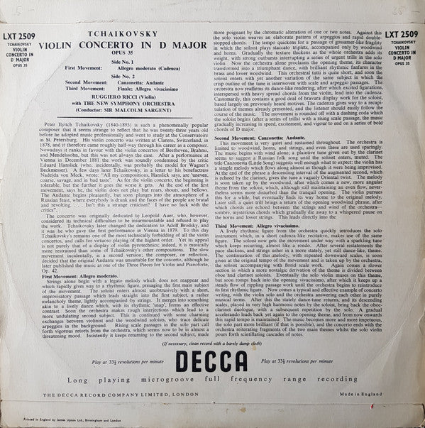 Pyotr Ilyich Tchaikovsky - Ruggiero Ricci, The New Symphony Orchestra Of London, Sir Malcolm Sargent : Concerto For Violin In D Major, Opus 35 (LP, Mono)
