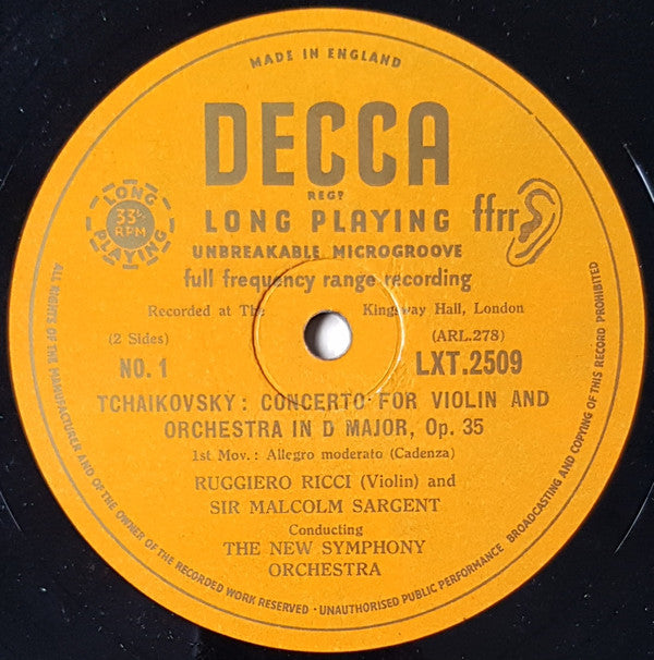 Pyotr Ilyich Tchaikovsky - Ruggiero Ricci, The New Symphony Orchestra Of London, Sir Malcolm Sargent : Concerto For Violin In D Major, Opus 35 (LP, Mono)