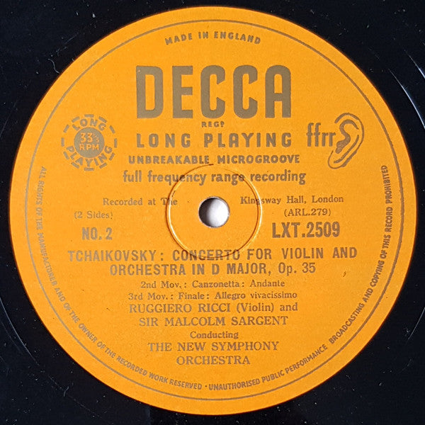 Pyotr Ilyich Tchaikovsky - Ruggiero Ricci, The New Symphony Orchestra Of London, Sir Malcolm Sargent : Concerto For Violin In D Major, Opus 35 (LP, Mono)