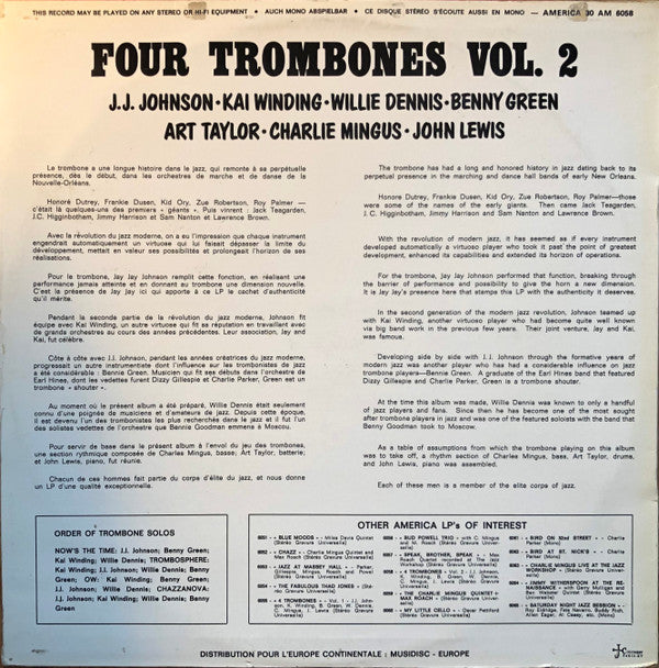 Four Trombones* - John Lewis (2) / Charlie Mingus* / J.J. Johnson / Kai Winding / Benny Green* / Willie Dennis : Four Trombones, Volume 2 (LP, Album)