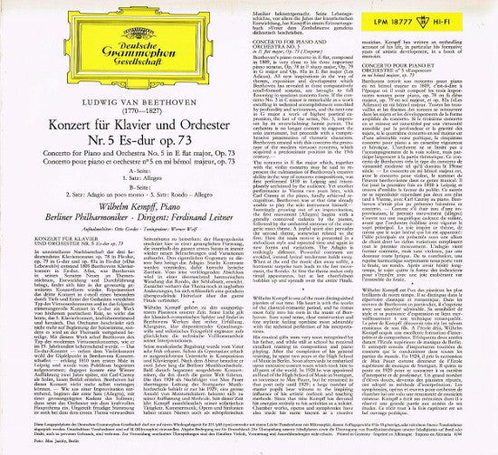 Ludwig van Beethoven, Wilhelm Kempff, Berliner Philharmoniker, Ferdinand Leitner : Klavierkonzert Nr. 5 Es-Dur Op. 73 (LP, Mono)
