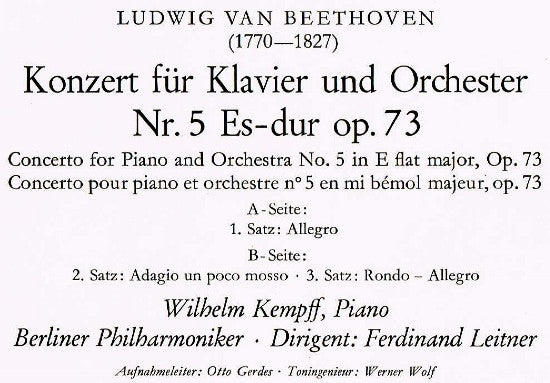 Ludwig van Beethoven, Wilhelm Kempff, Berliner Philharmoniker, Ferdinand Leitner : Klavierkonzert Nr. 5 Es-Dur Op. 73 (LP, Mono)