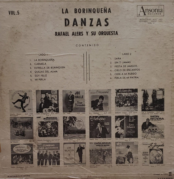 Rafael Alers Y Su Orquesta : La Borinqueña / Danzas Volúmen 5 (LP, Album, Mono)