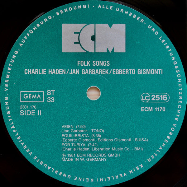 Charlie Haden, Jan Garbarek, Egberto Gismonti : Folk Songs (LP, Album)