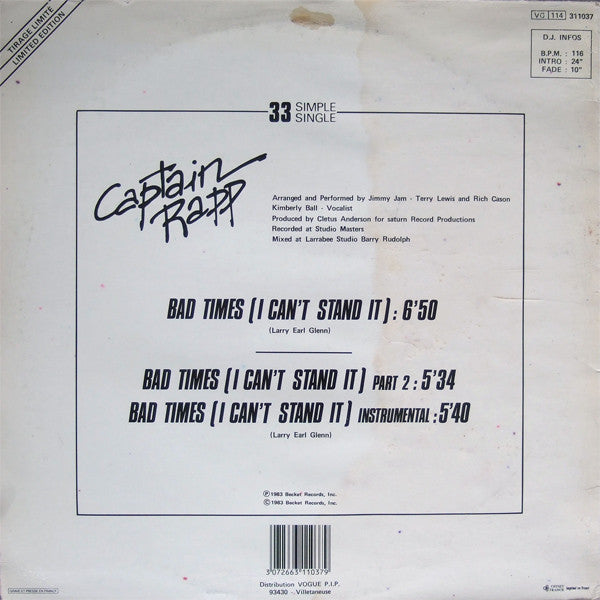 Captain Rapp : Bad Times (I Can't Stand It) (12", Single, Ltd)