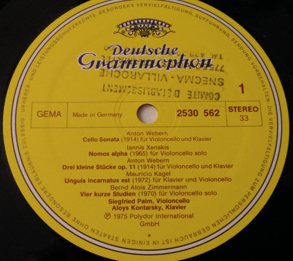 Siegfried Palm, Aloys Kontarsky - Anton Webern ∙ Iannis Xenakis ∙ Mauricio Kagel ∙ Bernd Alois Zimmermann ∙ Krzysztof Penderecki ∙ Earle Brown ∙ Isang Yun : Musik Für Violoncello (Und Klavier) (LP)