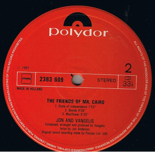 Jon & Vangelis : The Friends Of Mr. Cairo (LP, Album)