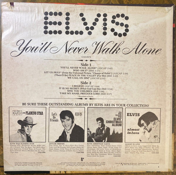 Elvis Presley : You'll Never Walk Alone (LP, Album, Comp, RE, PRC)