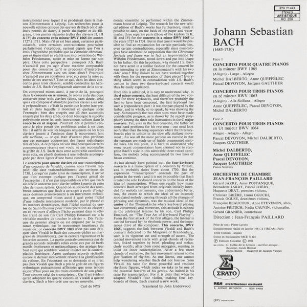 J. S. Bach*, Anne Queffélec - Michel Dalberto, Pascal Devoyon - Jacques Gauthier, Orchestre De Chambre Jean-François Paillard : Concerto Pour 4 Pianos / Concertos Pour 3 Pianos (LP, RE)