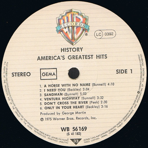 America (2) : History - America's Greatest Hits (LP, Comp, RE)