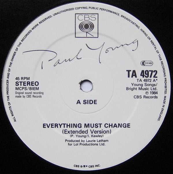 Paul Young : Everything Must Change (Special Extended Mix) (12", Single)