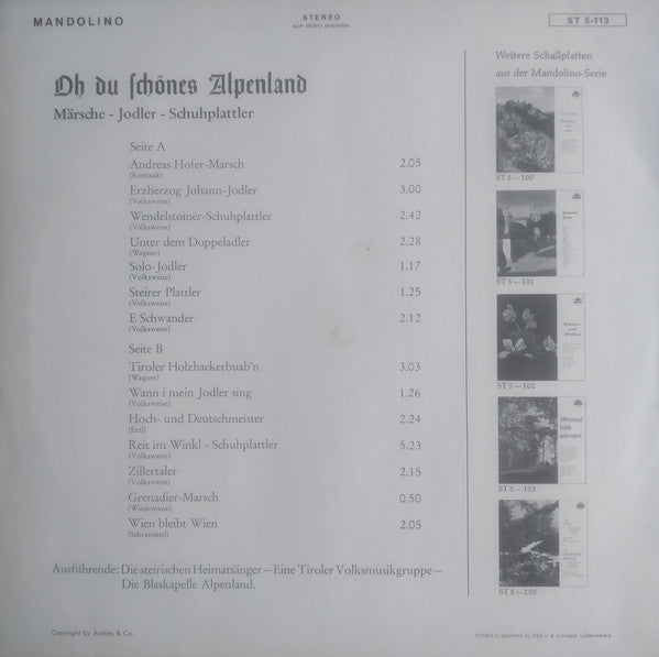 Die Steirischen Heimatsänger : Oh Du Schönes Alpenland (LP)