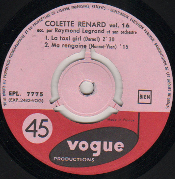 Colette Renard Accompagnée Par Raymond Legrand Et Son Orchestre : Vol. 16 - La Taxi Girl (7", EP)