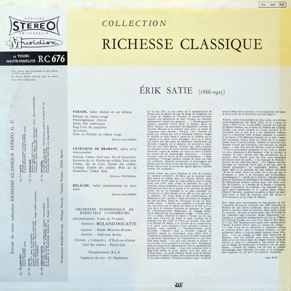 Erik Satie – Orchestre Symphonique De Radio-Télé Luxembourg*, Roland Douatte : Parade / Geneviève De Brabant / Relâche (LP, RE)