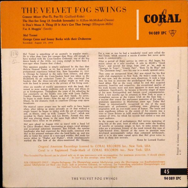 Mel Tormé, George Cates And His Orchestra : The Velvet Fog Swings (7", EP, Mono)