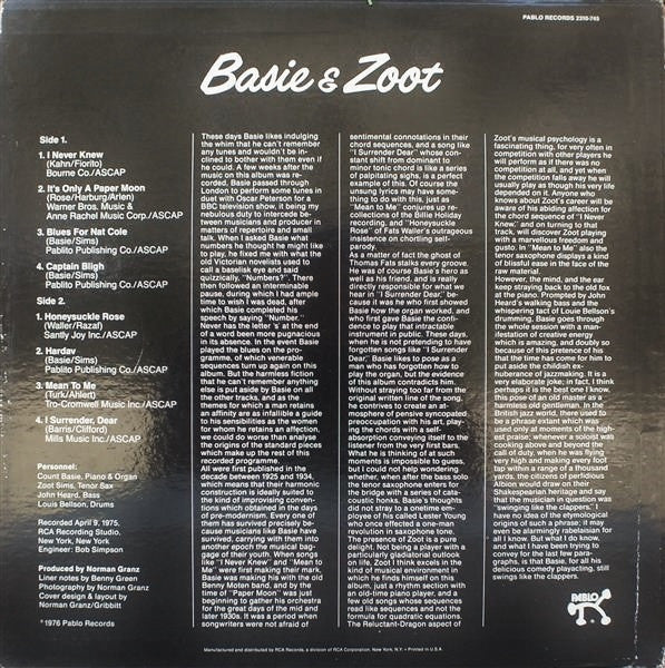 Basie* & Zoot* : Basie & Zoot (LP, Album, Mono)