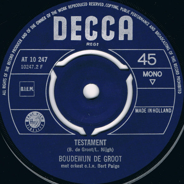 Boudewijn de Groot : Het Land Van Maas En Waal / Testament (7", Single, Mono)
