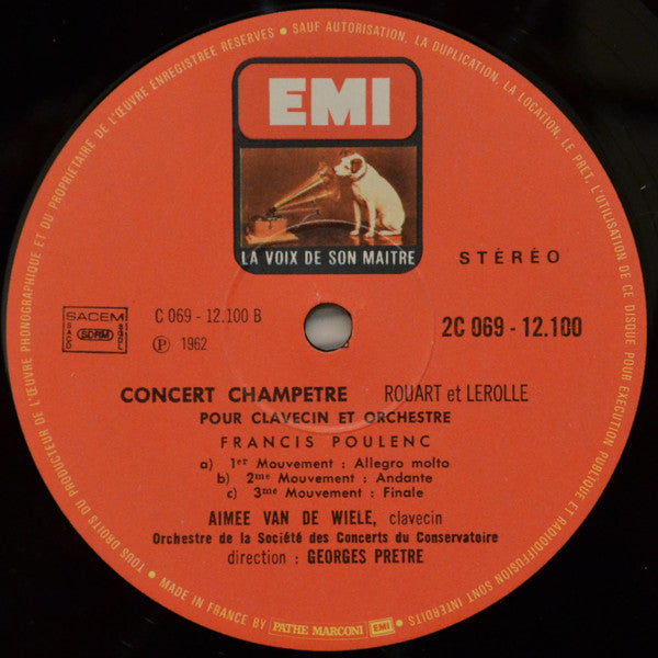 Francis Poulenc ‧ Aimée Van De Wiele ‧ Jacques Février ‧ Societe Des Concerts Du Conservatoire*, Georges Prêtre : Concerto En Ré Mineur Pour Deux Pianos Et Orchestre / Concert Champêtre Pour Clavecin Et Orchestre (LP, Album, RE, Gat)