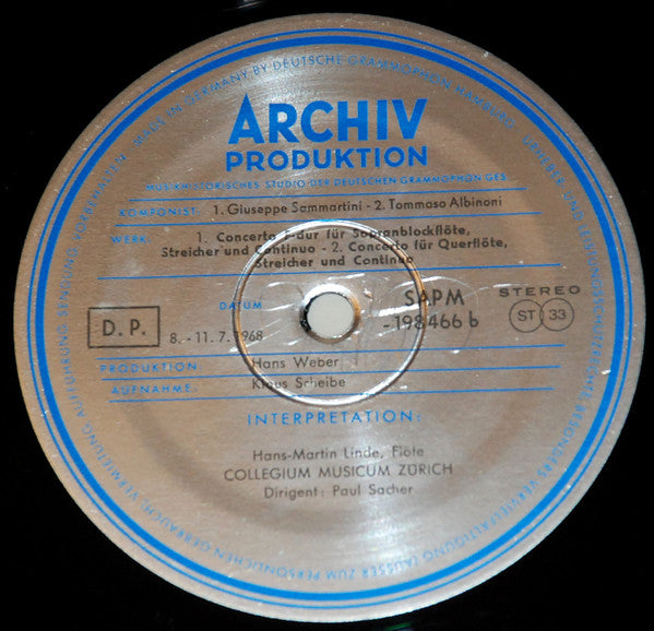 Alessandro Scarlatti, Antonio Vivaldi, Giuseppe Sammartini, Tomaso Albinoni, Hans-Martin Linde, Maurice André, Collegium Musicum Zürich, Paul Sacher : A. Scarlatti Sinfonia No. 2. A. Vivaldi, G. Sammartini, T. Albinioni Flötenkonzerte, Concertos For Flute, Concertos Pour Flûte  (LP)