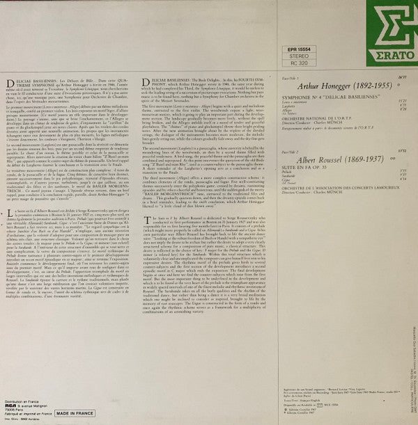 Arthur Honegger / Albert Roussel / Orchestre National De L'ORTF / Orchestre Des Concerts Lamoureux : Symphonie Nº 4 / Suite En Fa  (LP, Comp)