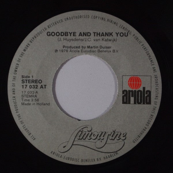 Limousine (3) : Goodbye And Thank You (7", Single)