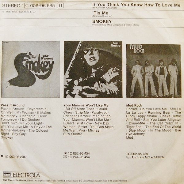Smokie : If You Think You Know How To Love Me (7", Single)
