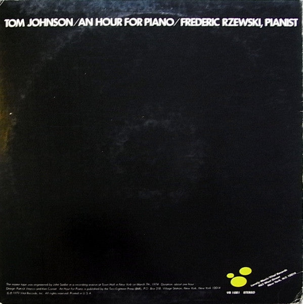 Tom Johnson, Frederic Rzewski : An Hour For Piano (LP, Album)