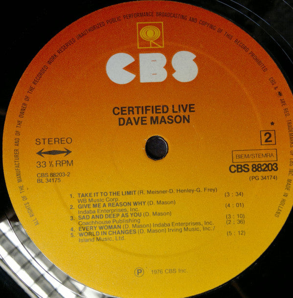 Dave Mason : Certified Live (2xLP, Album)