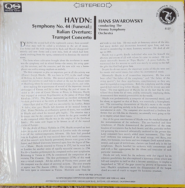 Haydn*, Hans Swarowsky, The Vienna Symphony Orchestra* : Symphony No.44; Italian Overture; Trumpet Concerto (LP, Album)