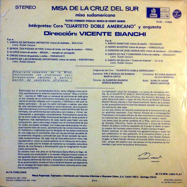 Vicente Bianchi Y Su Orquesta : Misa De La Cruz Del Sur (LP, Album)