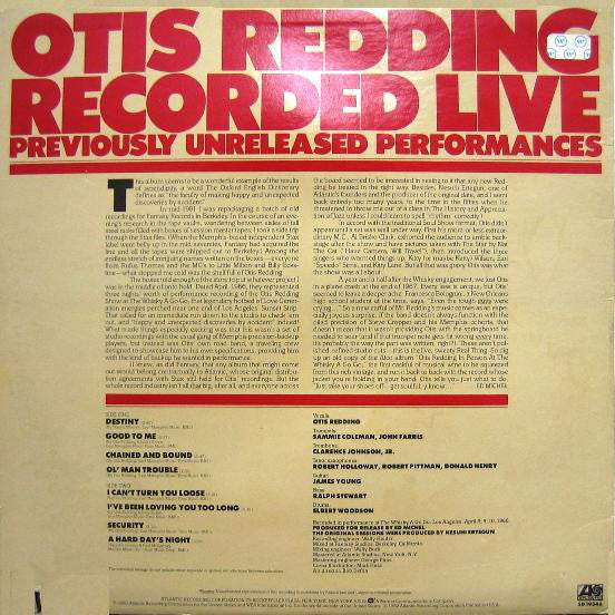 Otis Redding : Recorded Live (Previously Unreleased Performances) (LP, Album, SP )