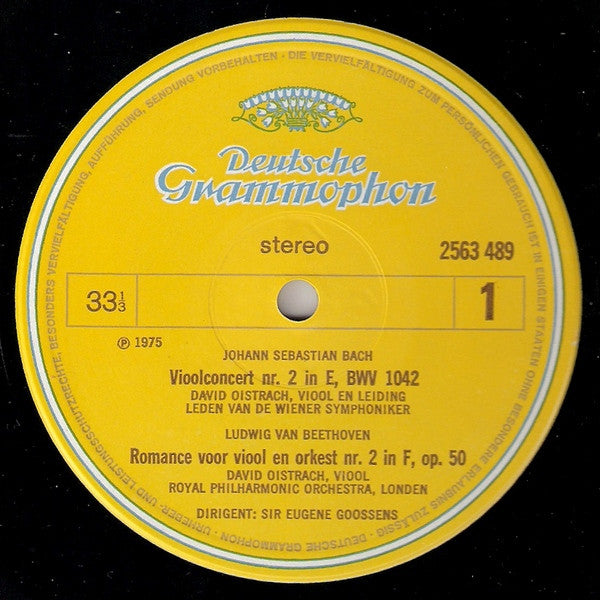 Johann Sebastian Bach, Ludwig van Beethoven, Wolfgang Amadeus Mozart, David Oistrach, Wolfgang Schneiderhan : Vioolconcert Nr. 2 / Vioolromance Nr. 2 / Vioolconcert Nr. 5 (LP, Comp, RE)