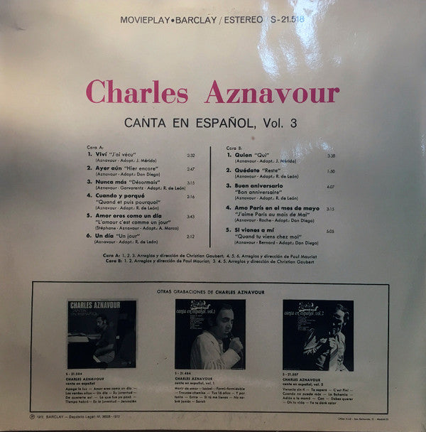 Charles Aznavour : Charles Aznavour Canta En Español. Vol.3 (LP, Album)