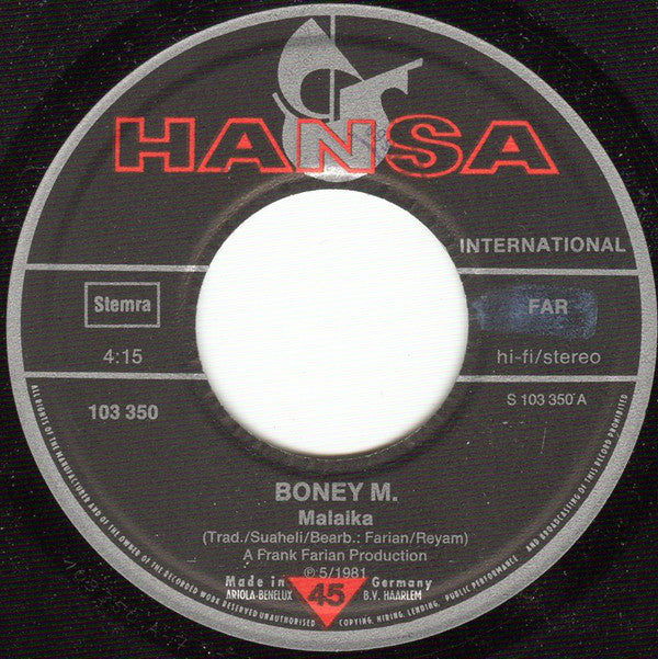 Boney M. : Malaika / Consuela Biaz (7", Single)