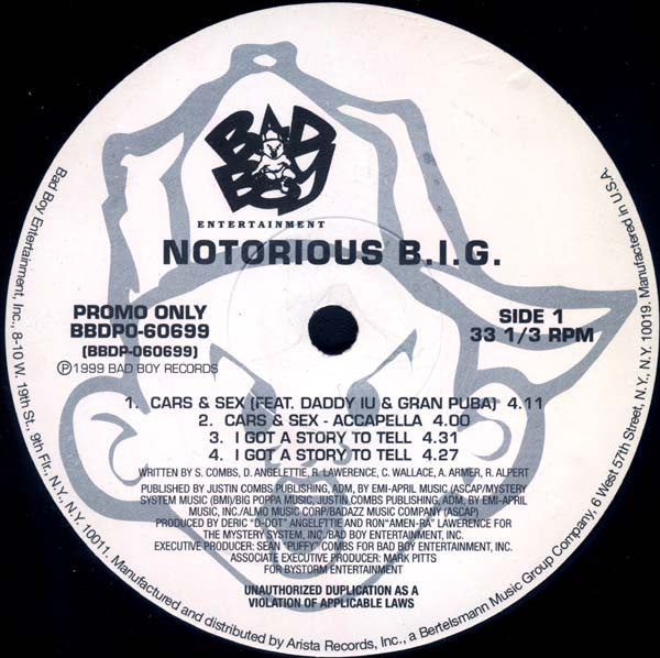 Notorious B.I.G. : Cars & Sex / I Got A Story To Tell / Biggie Smalls Is The Wickedest / The Garden Freestyle (12", Promo)