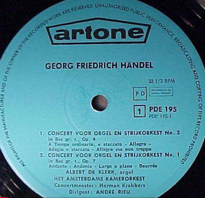 Georg Friedrich Händel – Albert De Klerk, Amsterdams Kamerorkest, André Rieu (2) : Orgelconcerten - Bes Gr.T. Opus 4 Nr. 2 · G Kl.T. Opus 4 Nr. 3 · Bes Gr.T. Opus 7 Nr. 1 · G. Kl.T. Opus 7 Nr. 5 (LP)