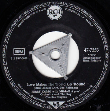 Perry Como With Mitchell Ayres And His Orchestra And The Ray Charles Singers : Love Makes The World Go 'Round / Mandolins In The Moonlight (7", Single)