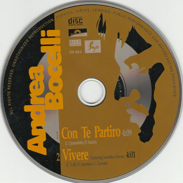 Andrea Bocelli : Con Te Partirò / Vivere (CD, Single)