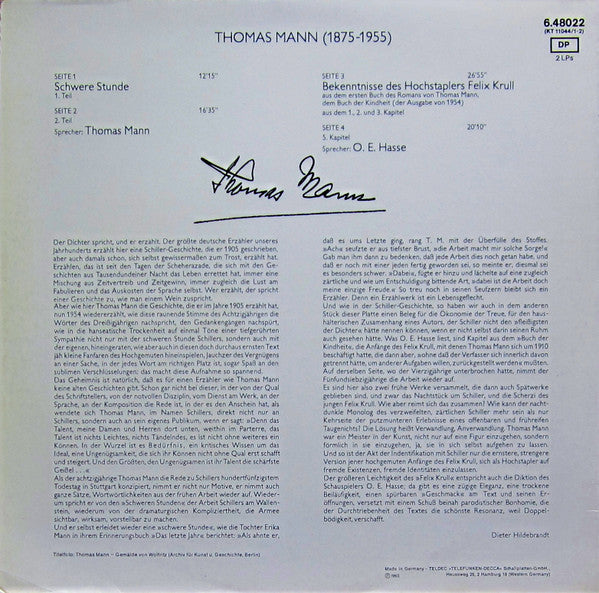 Thomas Mann / O.E. Hasse : Thomas Mann Liest Schwere Stunde / O.E. Hasse Liest Felix Krull (2xLP)