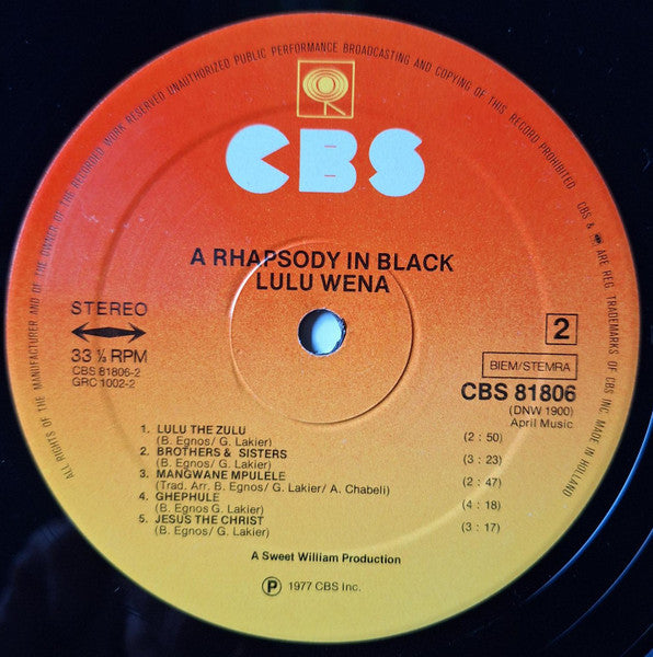 Lulu Wena* : A Rhapsody In Black (LP, Album)