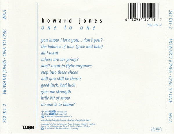 Howard Jones : One To One (CD, Album)
