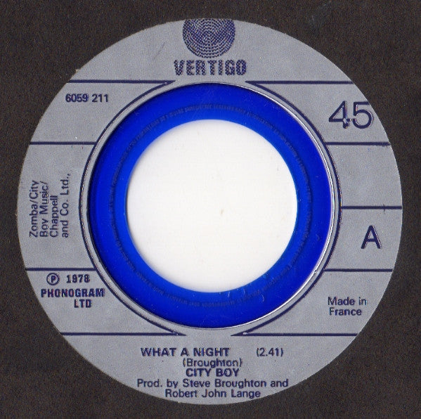 City Boy : What A Night (7", Single, Blu)